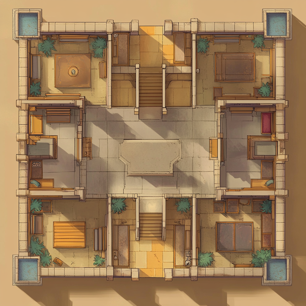 Unique Topdown Map Layout Design: 5 Rooms, 1 Hallway