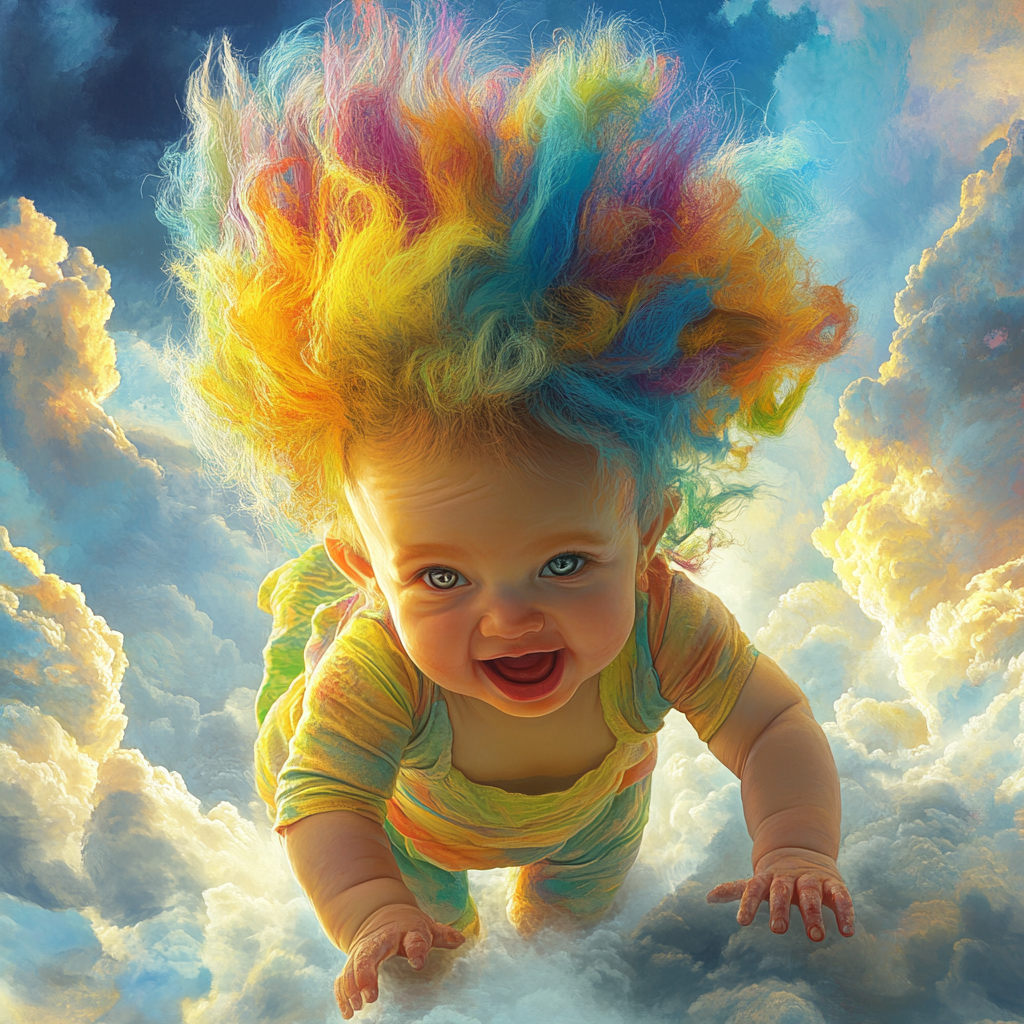 Unique angelic baby with colorful hair and frightening pose.