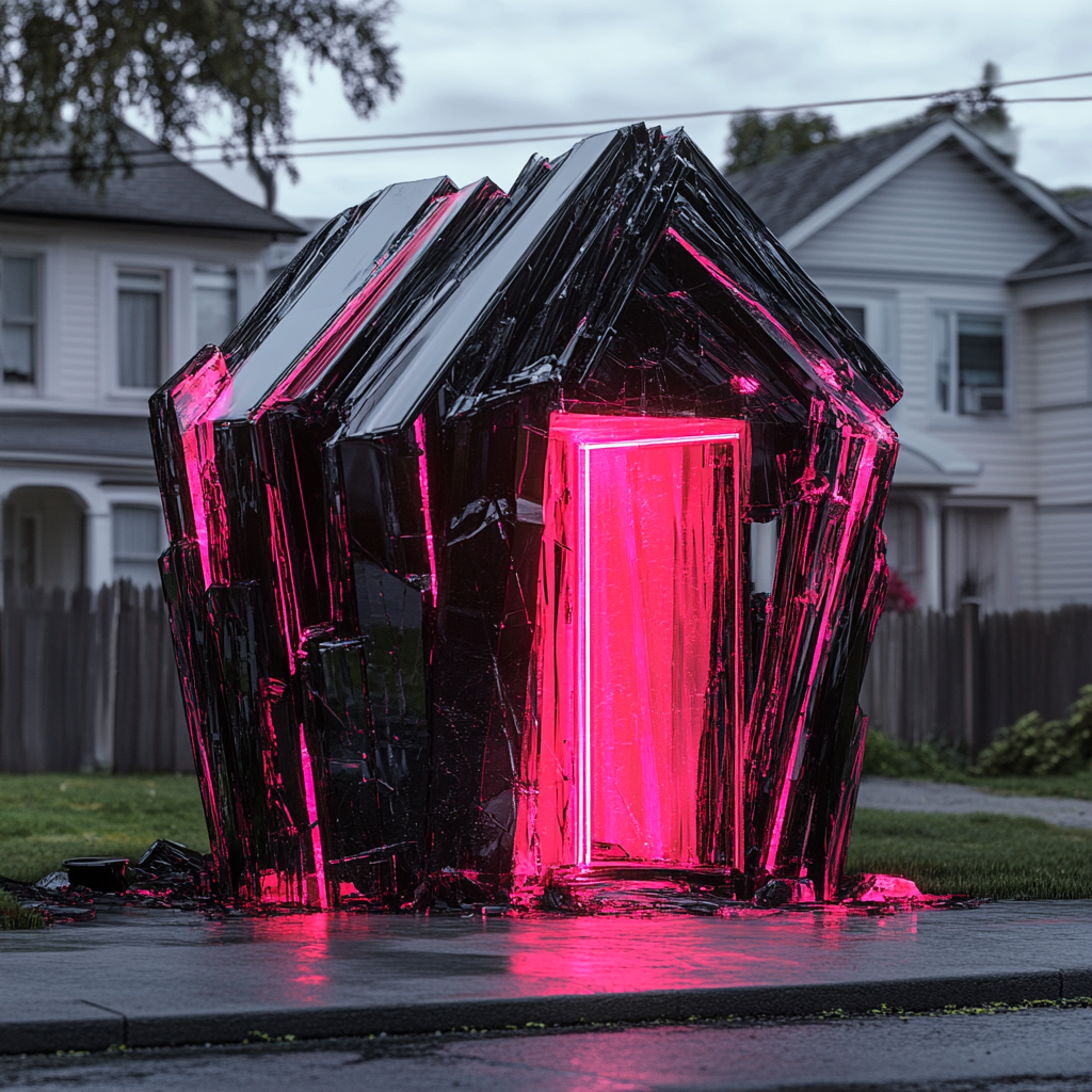 Unique black glass house in neighborhood, neon pink light.