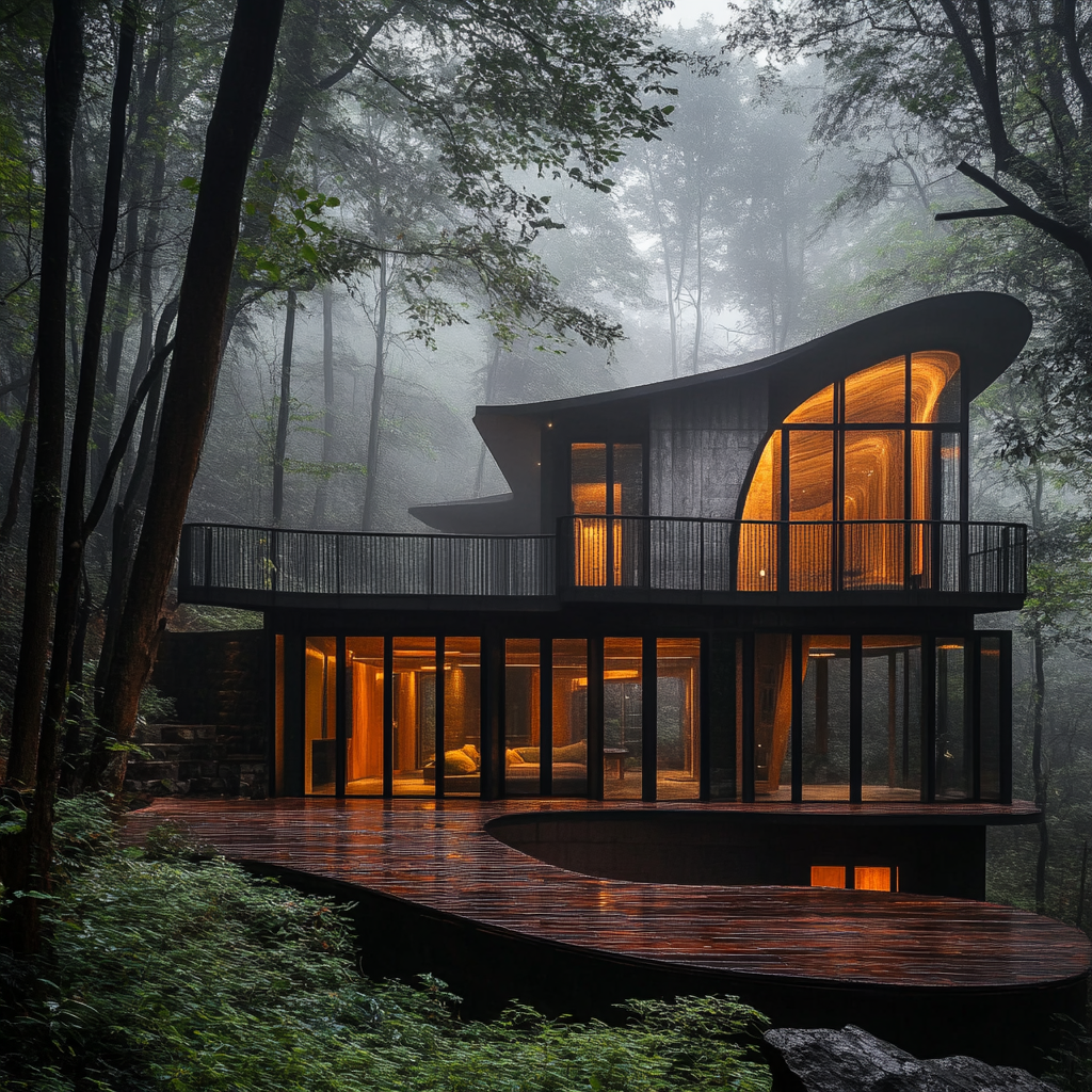 Unique forest cabin with fog, split level, courtyard