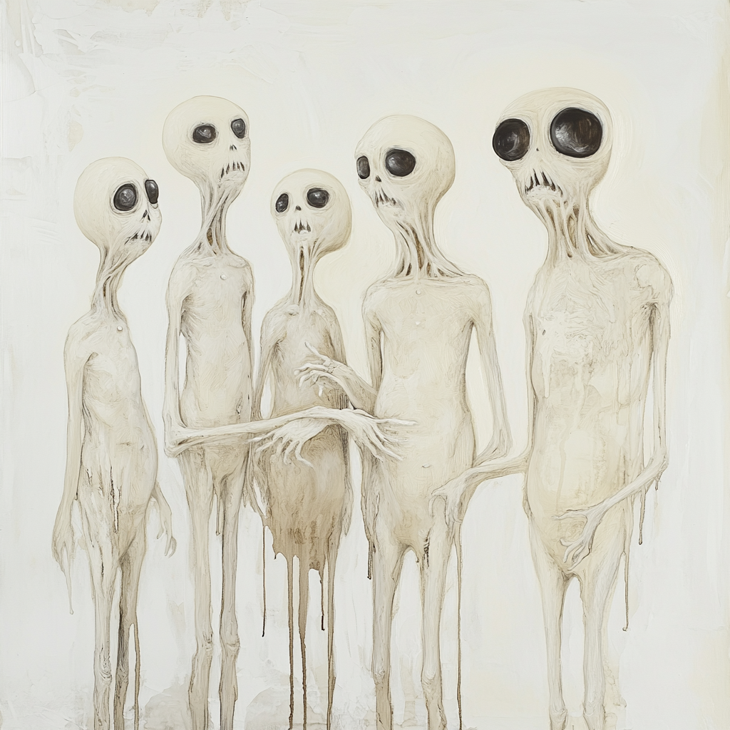 Unique white oil painting of boneless beings with milky colors.