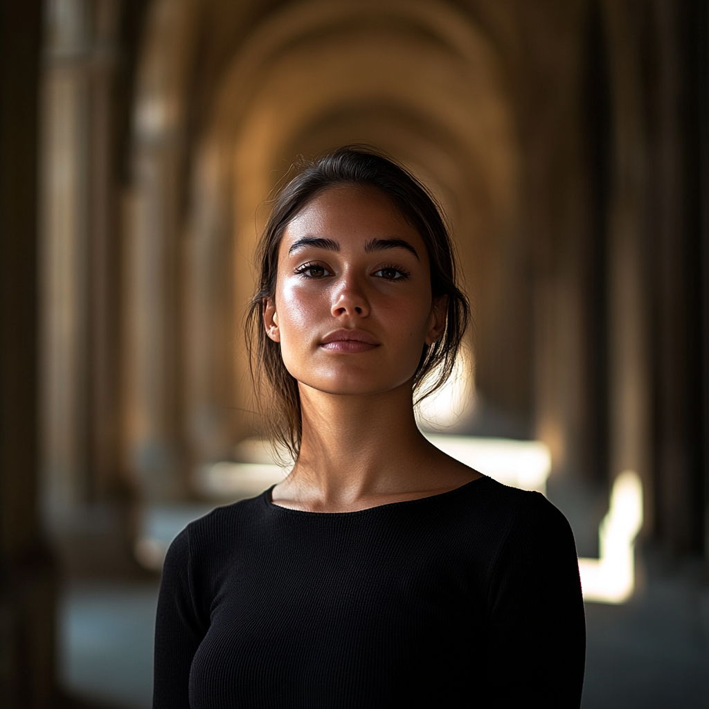 University Woman in Dramatic Campus Photoshoot Portrait