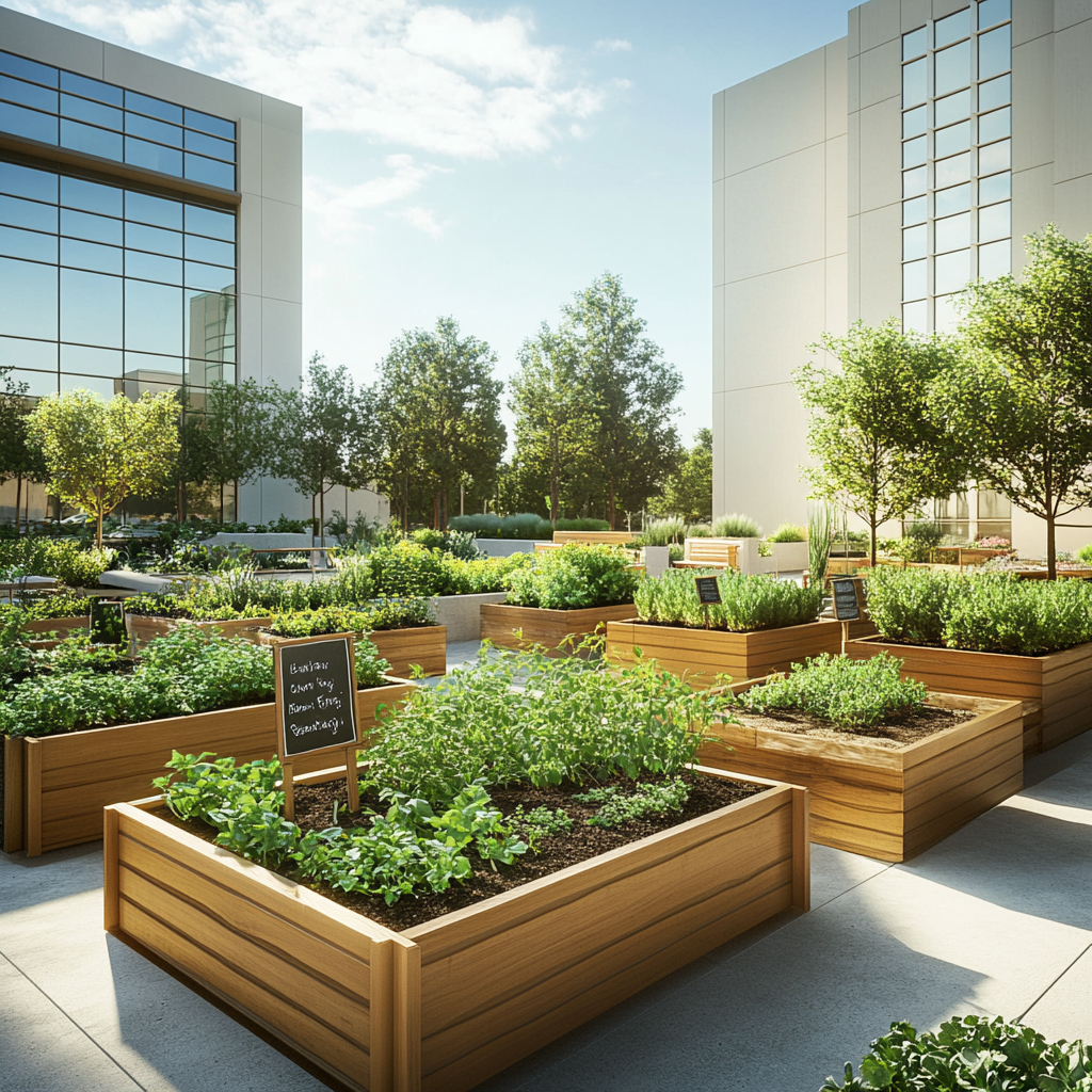 University herb garden corner with labeled plants and benches