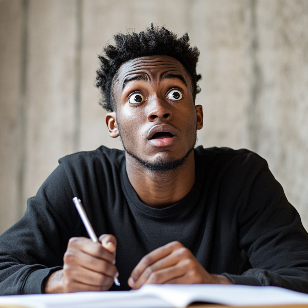 University student studying for exam looks dramatically surprised.