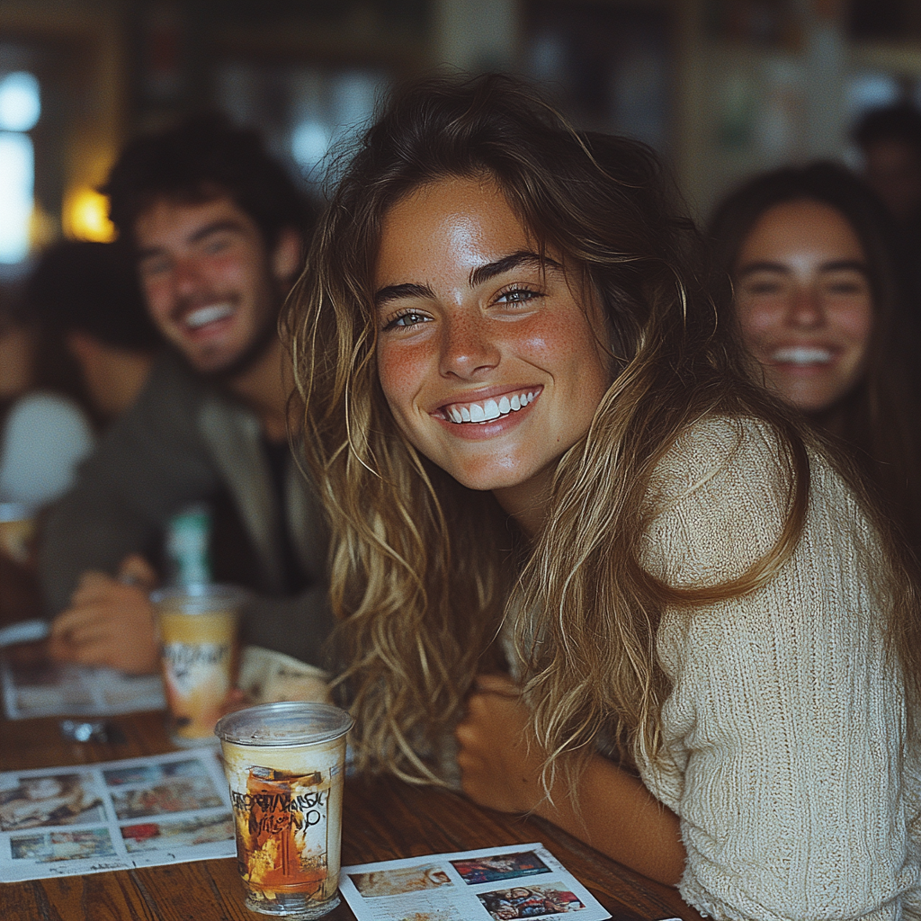 University students play truth or dare at table, laughing