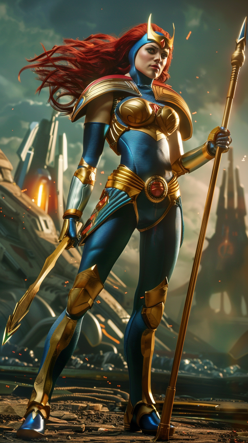 Unmasked Big Barda in blue and gold armor.