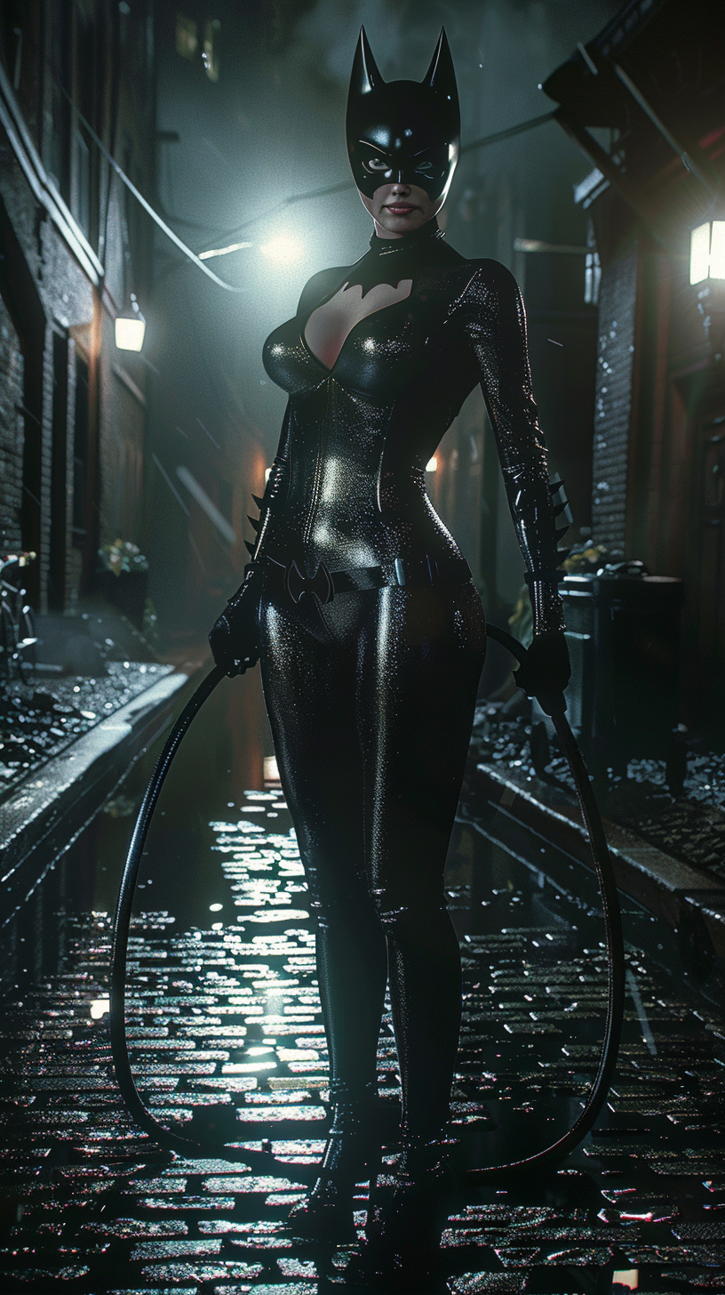 Unmasked Catwoman in dim alley with whip and confidence.