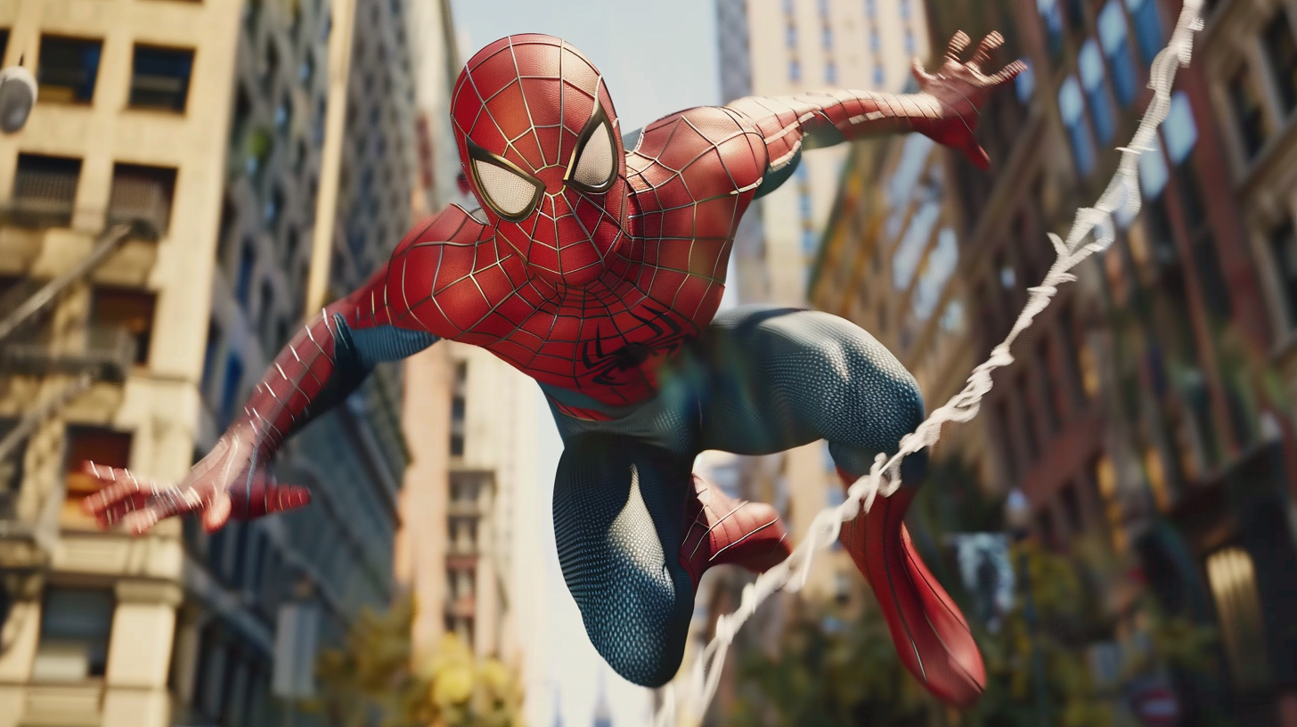 Unmasked Spiderman swinging through city streets, suit rippling. Lighting, action.