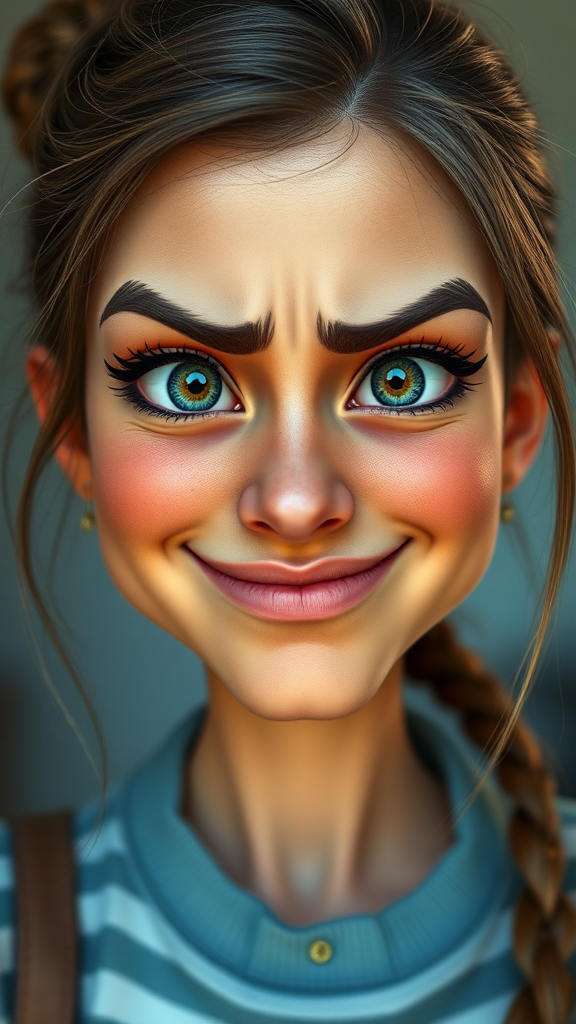 Unreal yet charming caricature of young woman, Pixar style.