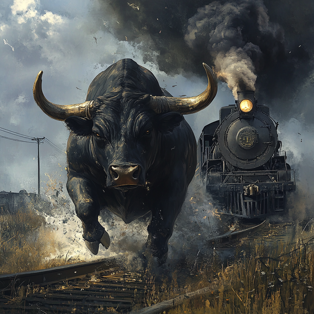 Unscathed black bull crushes train with strength.