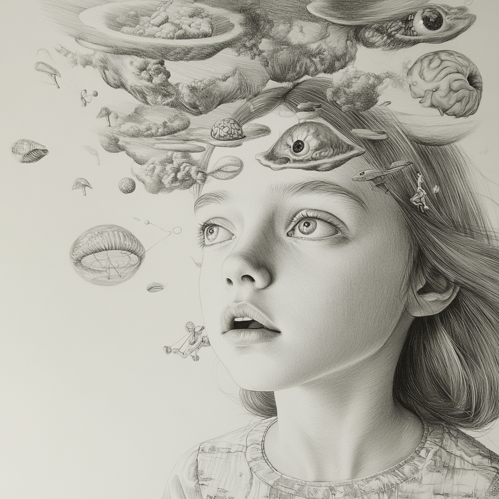 Unsettling girl with surreal thoughts in futuristic drawing.