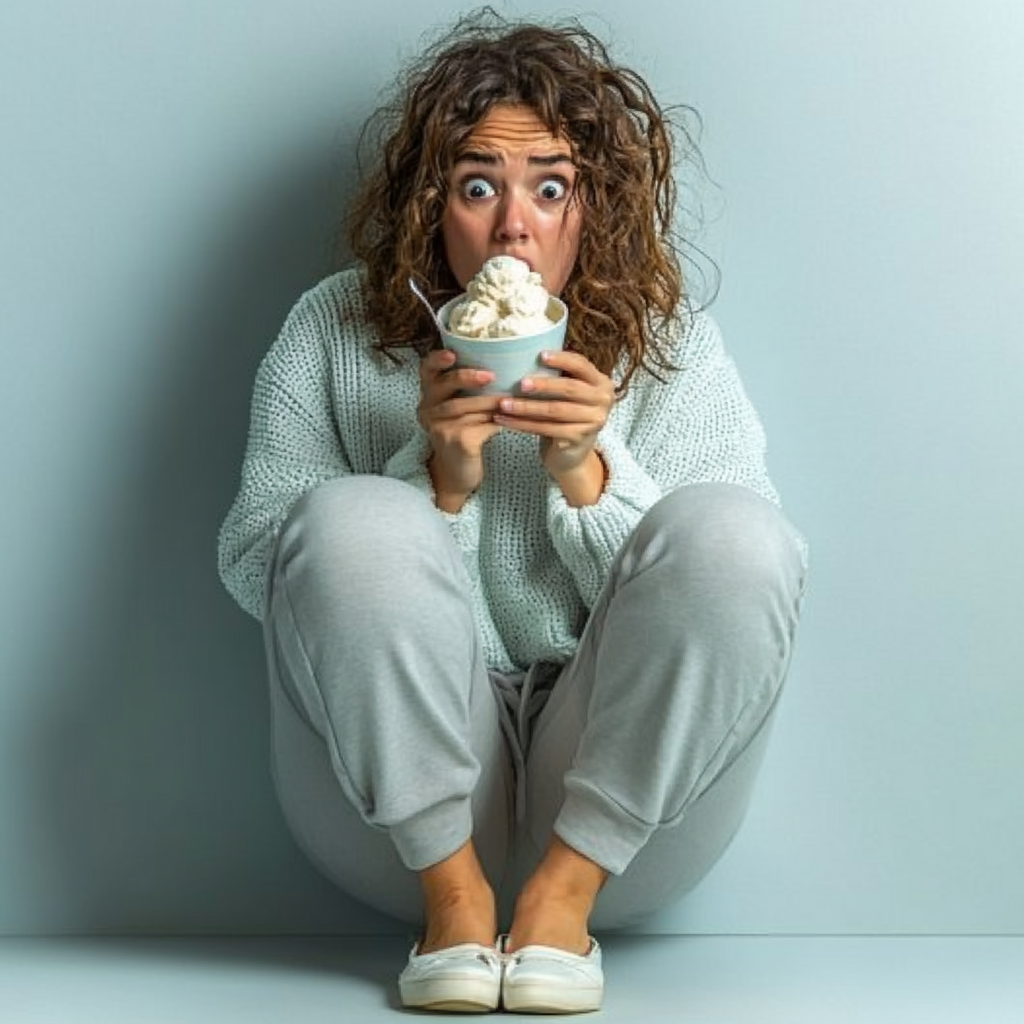 Upset woman eating ice cream quickly on floor.