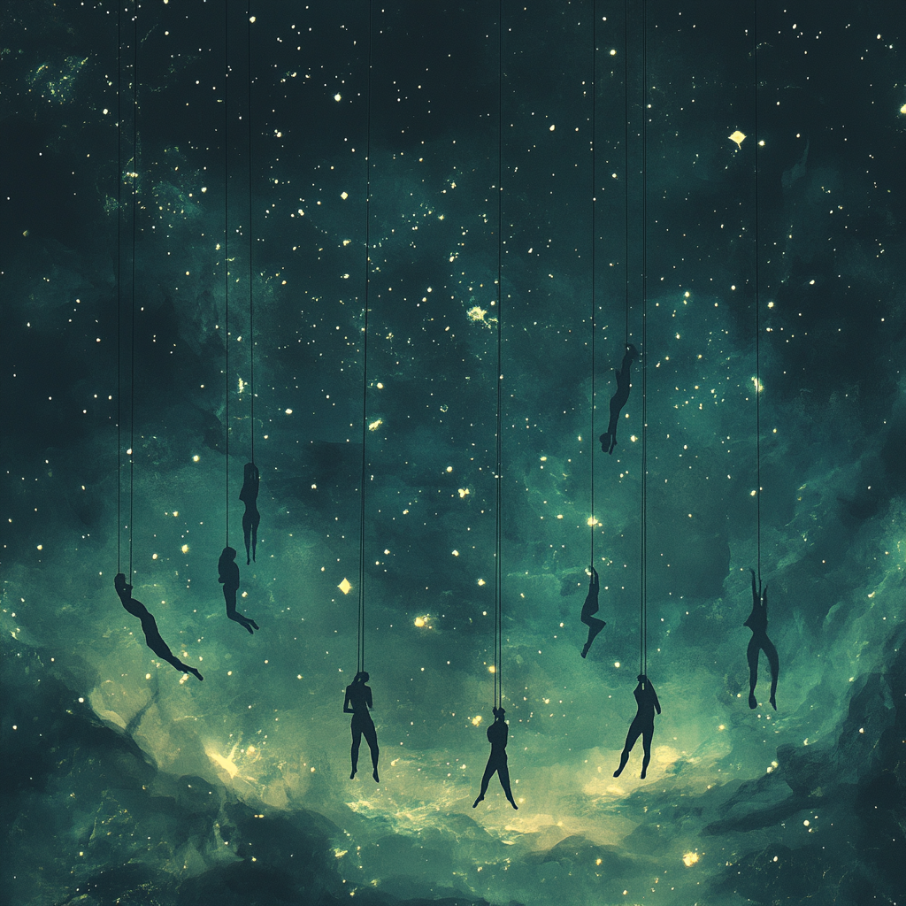 Upside-down human figures in starry sky, dreamlike state.