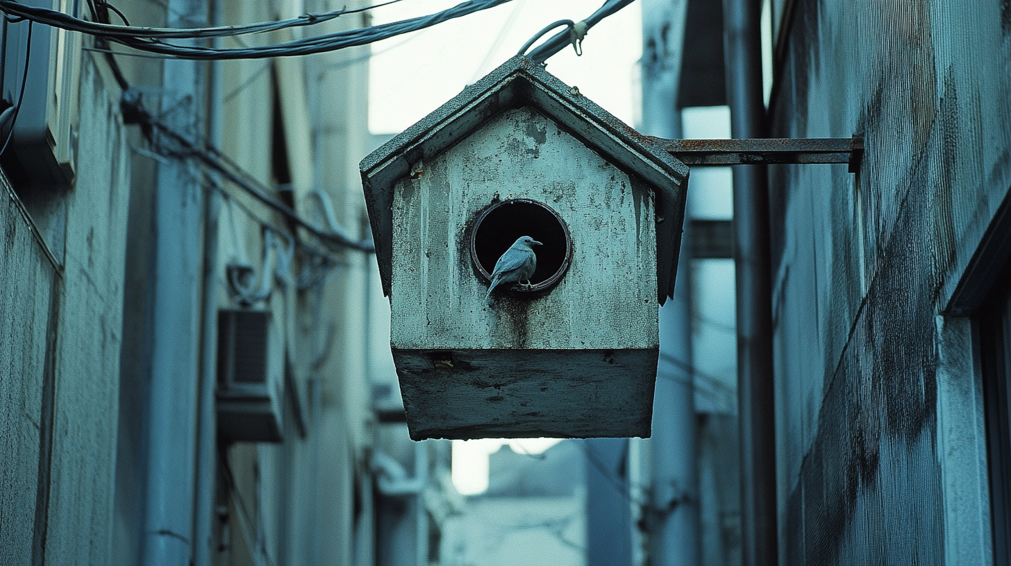 Urban alley birdhouse, concrete and metal design