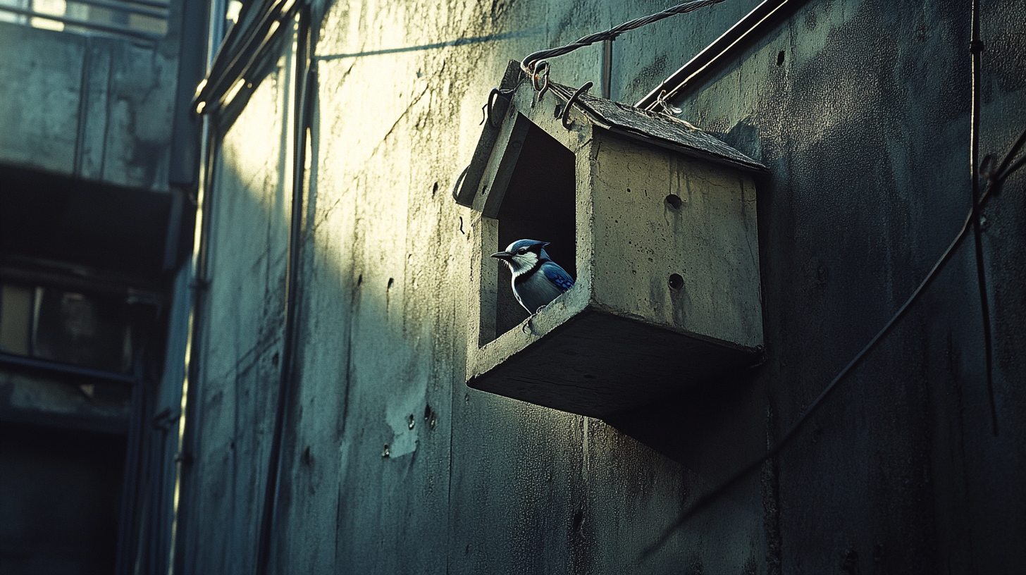 Urban alley birdhouse with Japanese metabolism architecture, blue jay, steel cables, fabric, Hasselblad lens