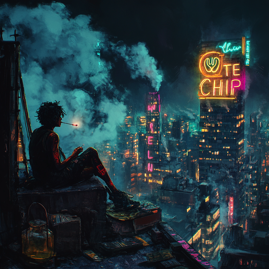 Urban rooftop scene with person smoking joint at night 