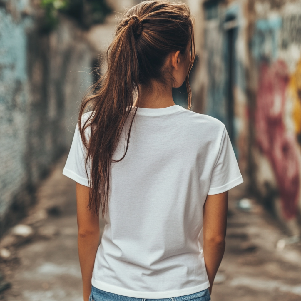 Urban setting, woman wearing white t-shirt, close-up shots.