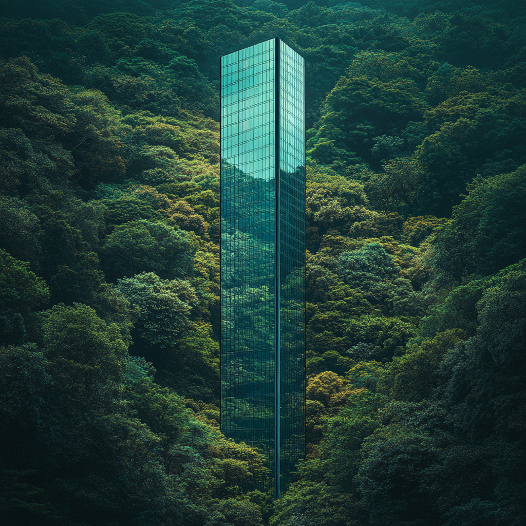 Urban skyscraper in forest with nature reflections.