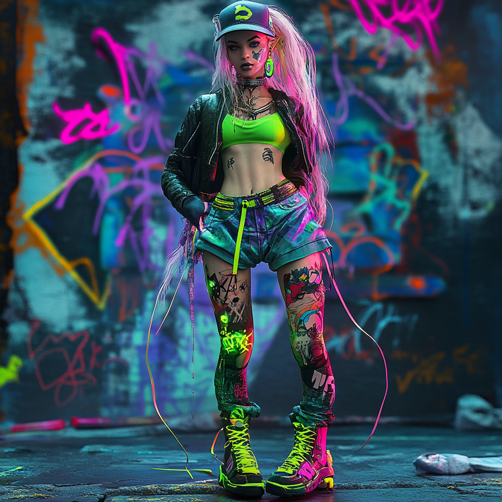 Urban sorceress in streetwear fashion with neon magic effects.