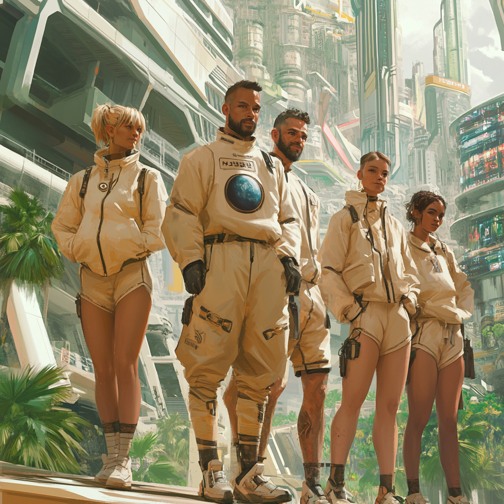 Urban tribe in cyberpunk world wears beige outfits.