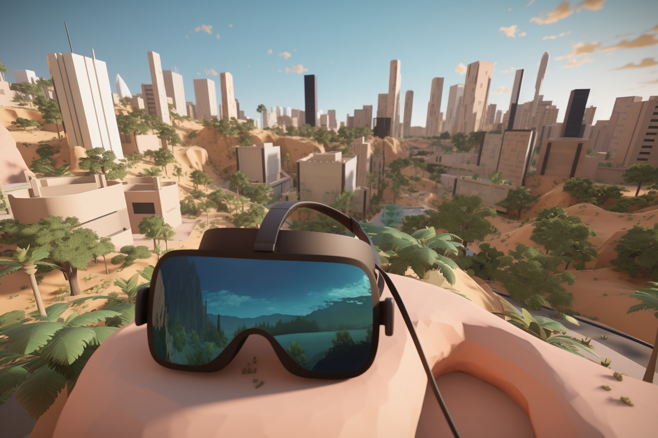 VR headset shows city, greenery, desert miniature landscape.