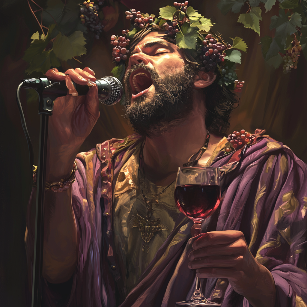 Vachus, God of Wine, Singing in Ancient Golden Cellar