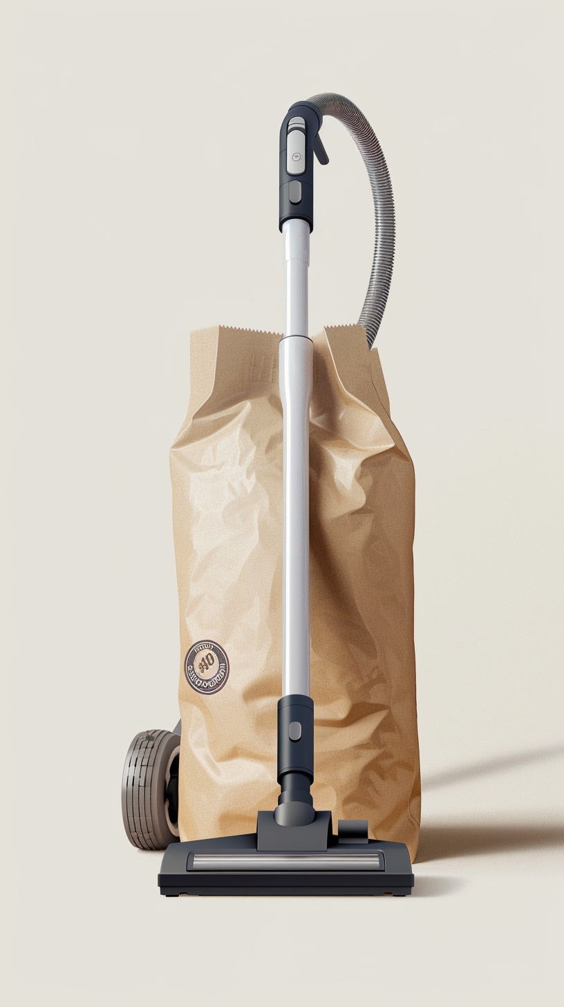 Vacuum cleaner bag with brown paper sticker, white background.