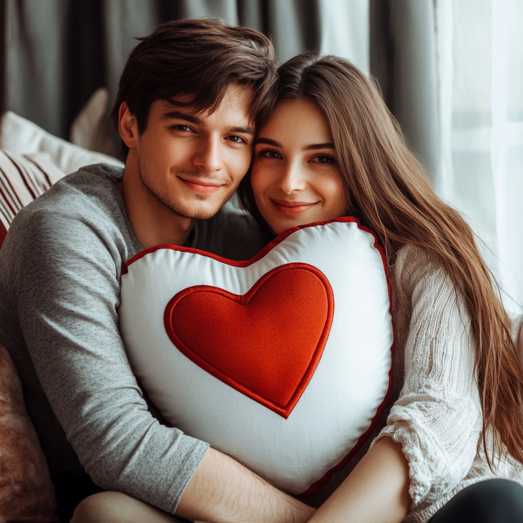 Valentine's Day couple received heart-shaped pillow gift.