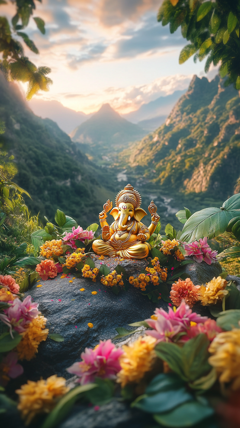 Valley with greenery, gold Ganesh idol, Hindu temple, sunrise.