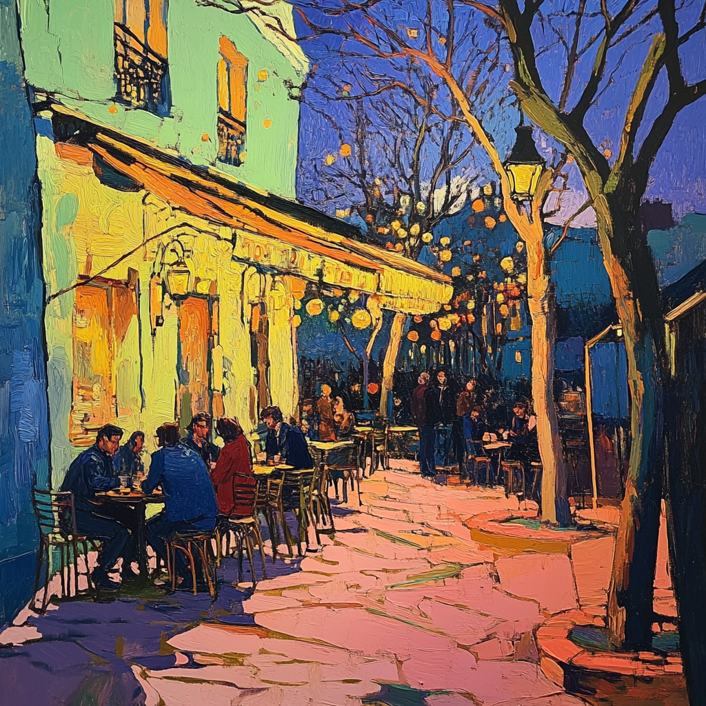 Van Gogh painting Paris scene with people drinking coffee.