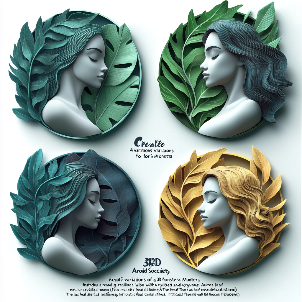 Variations of 3D Aroid Society logo with Monstera Albo and Aurea leaf and woman holding circle.