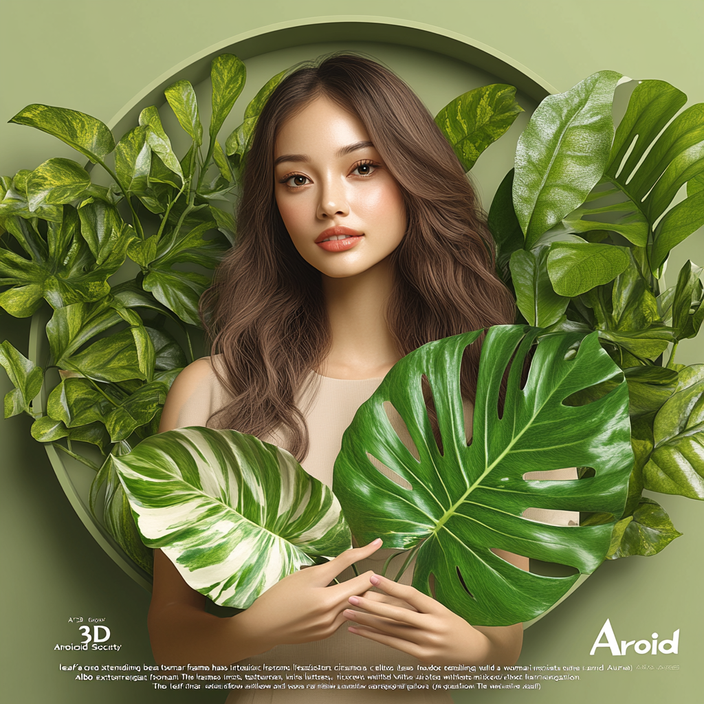 Variegated Monstera leaf held by woman for Aroid Society.