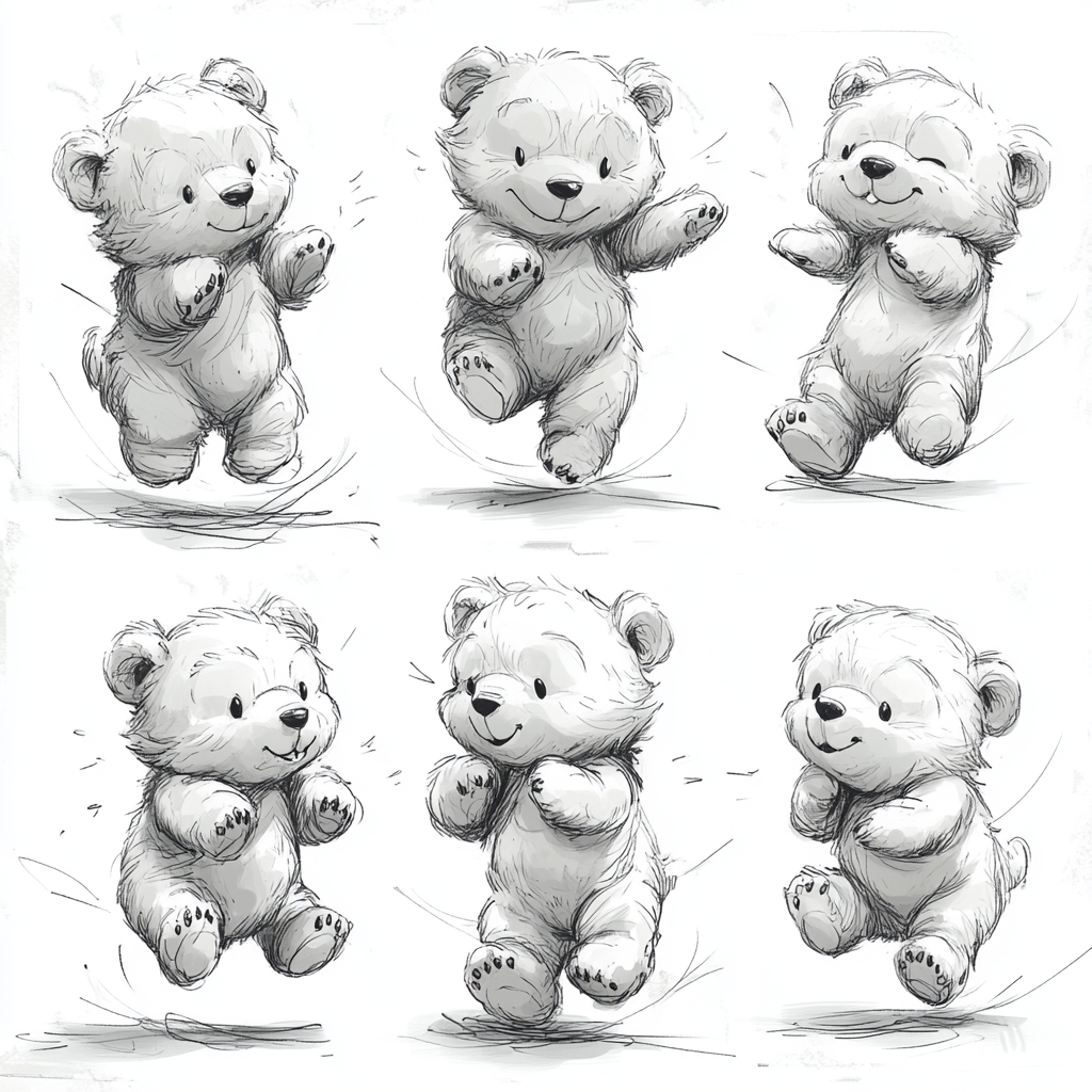 Variety of Teddy Bear Postures in Simple Line Drawings