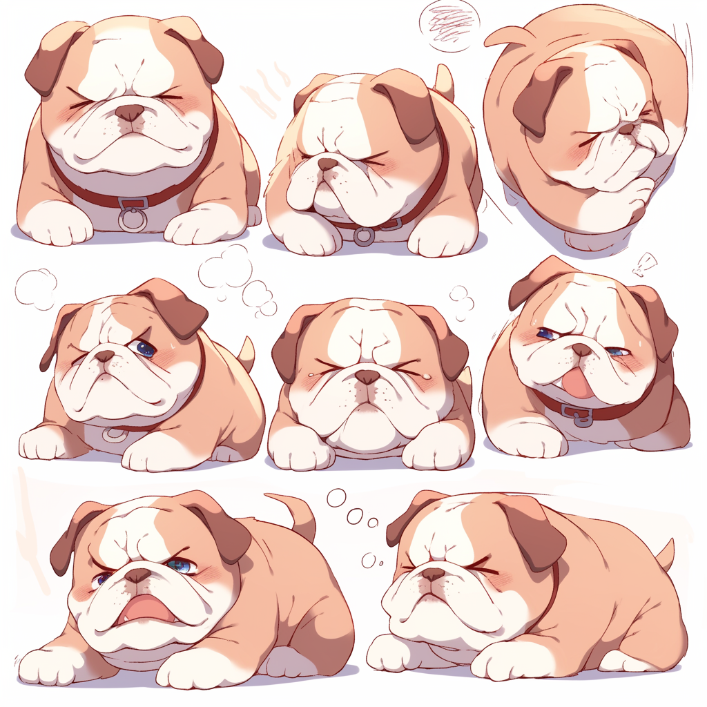 Various Bulldog drawings show feelings and actions