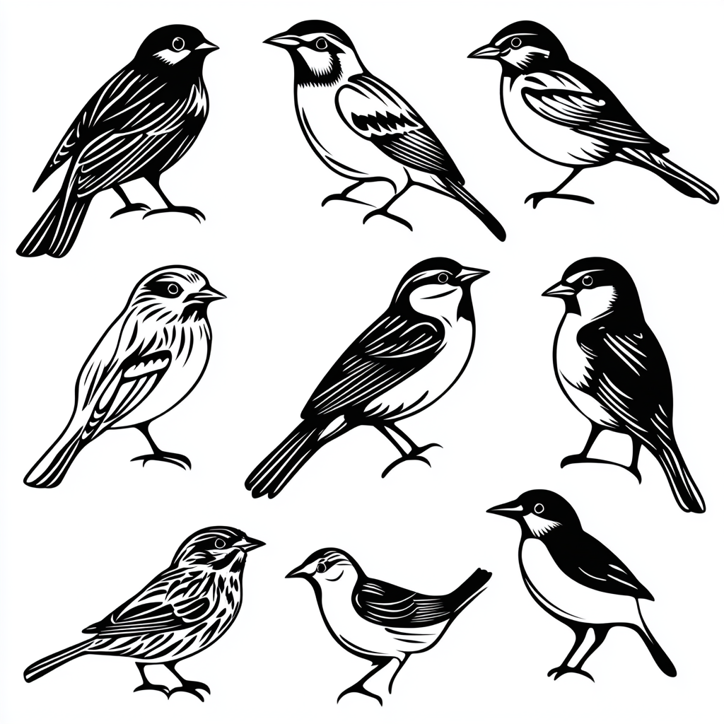 Various birds in black and white vector style image.