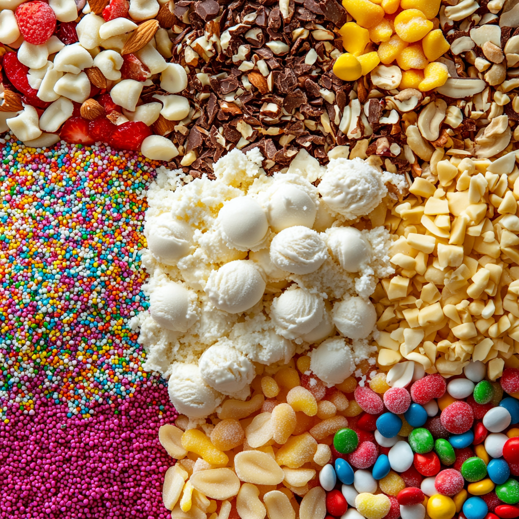 Various dry ice cream toppings displayed on table.