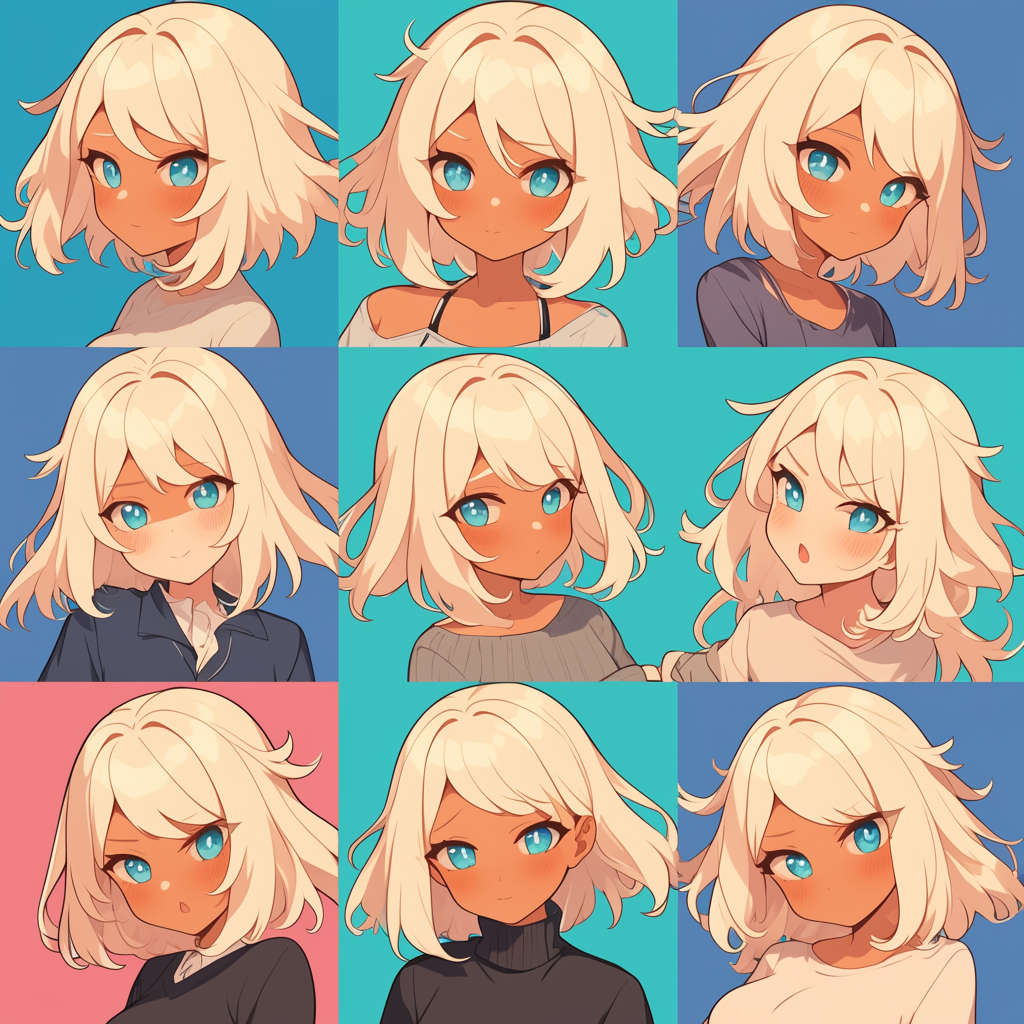 Various girls with blonde hair, tan skin, in chibi style poses