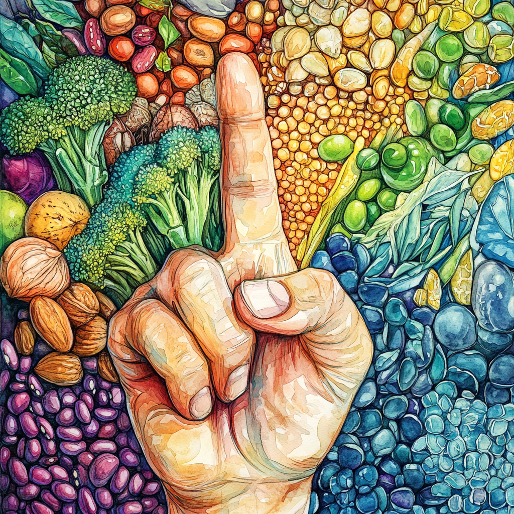 Various healthy foods arranged in hand gesture illustration.