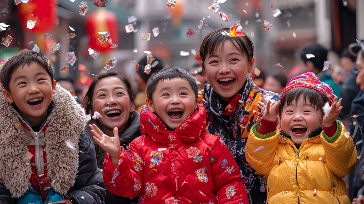 Various joyful expressions of happy children and adults smiling.