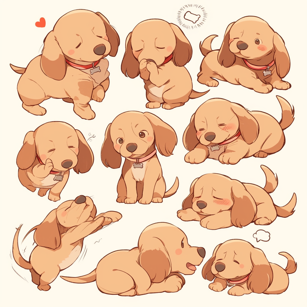 Various poses of a sad Dachshund