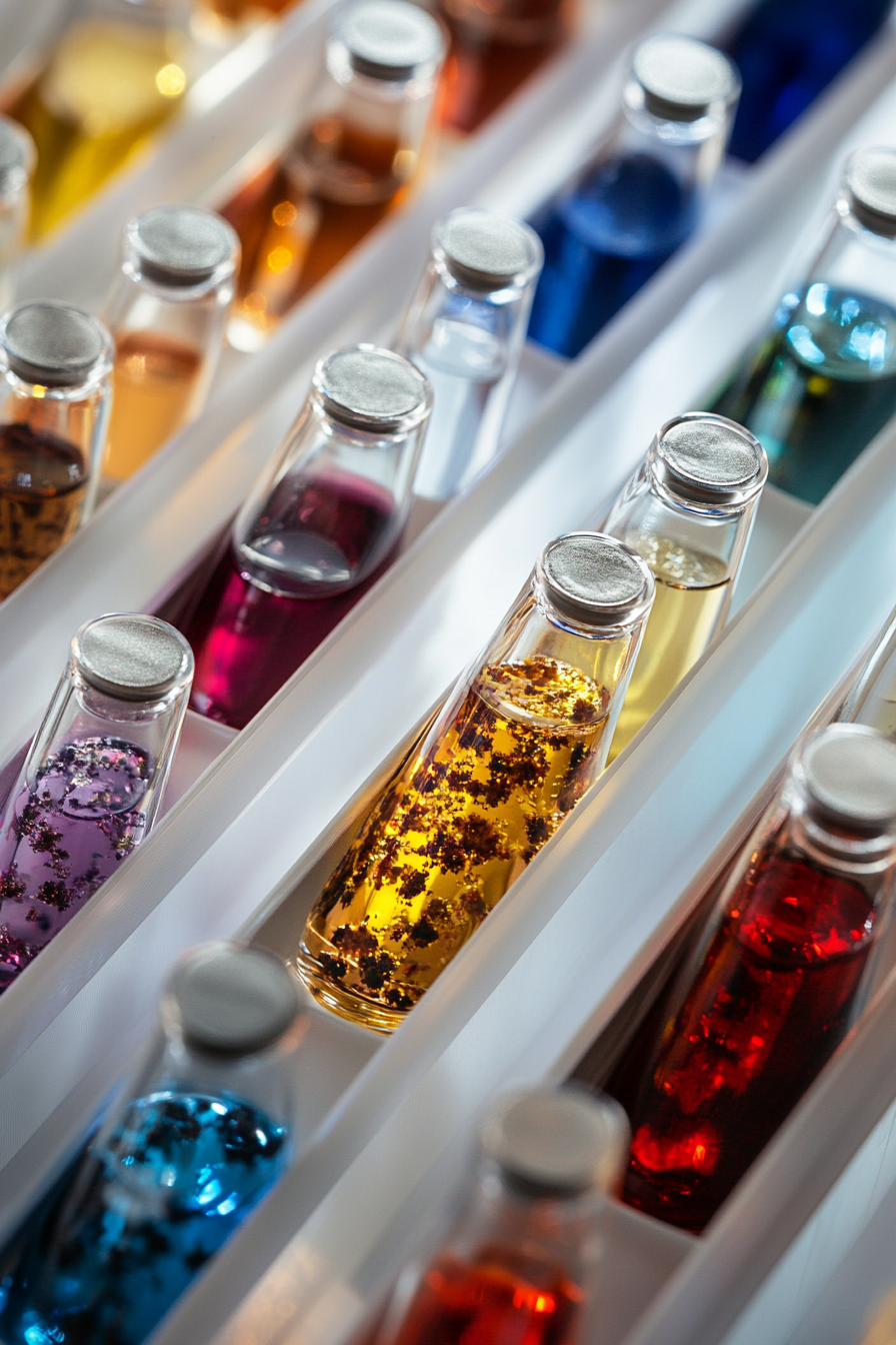 Various scents and colors in elegant glass vials.