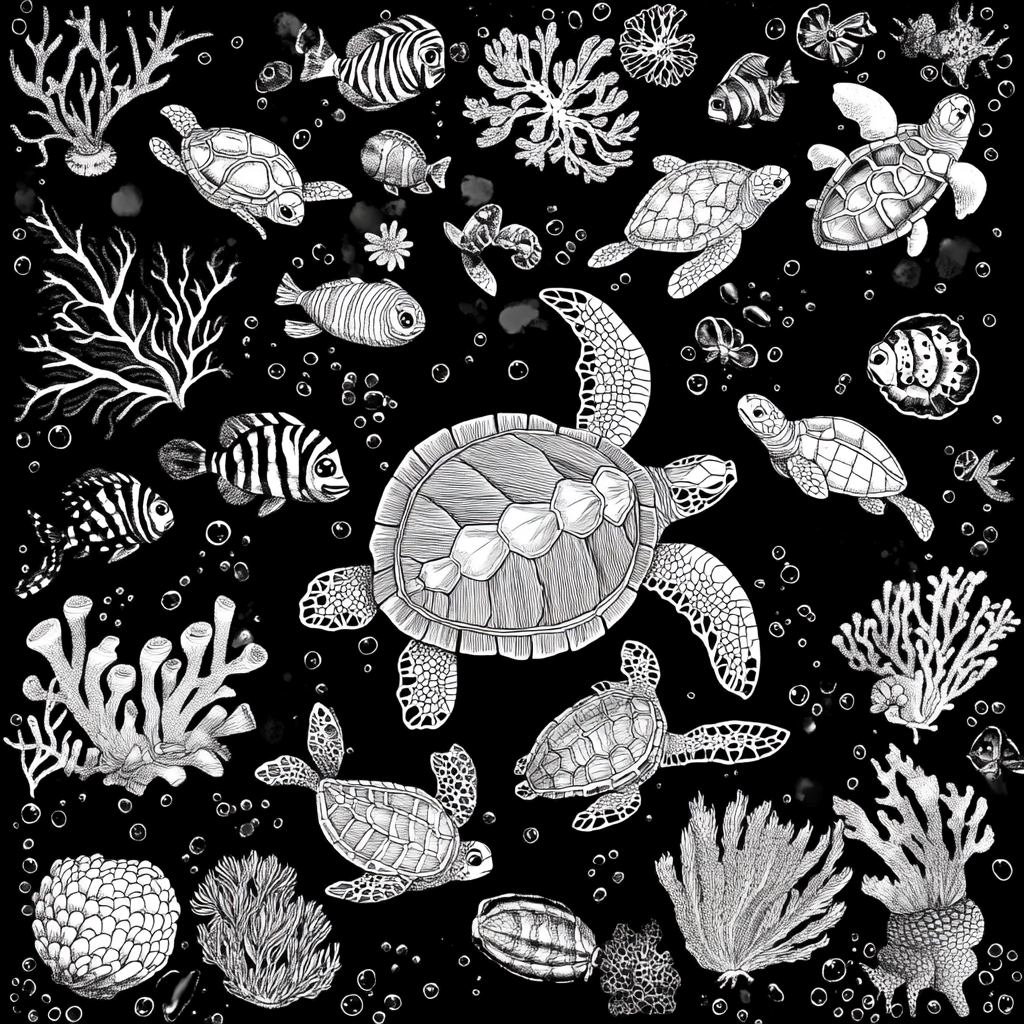 Various sea creatures in coloring design, black and white.