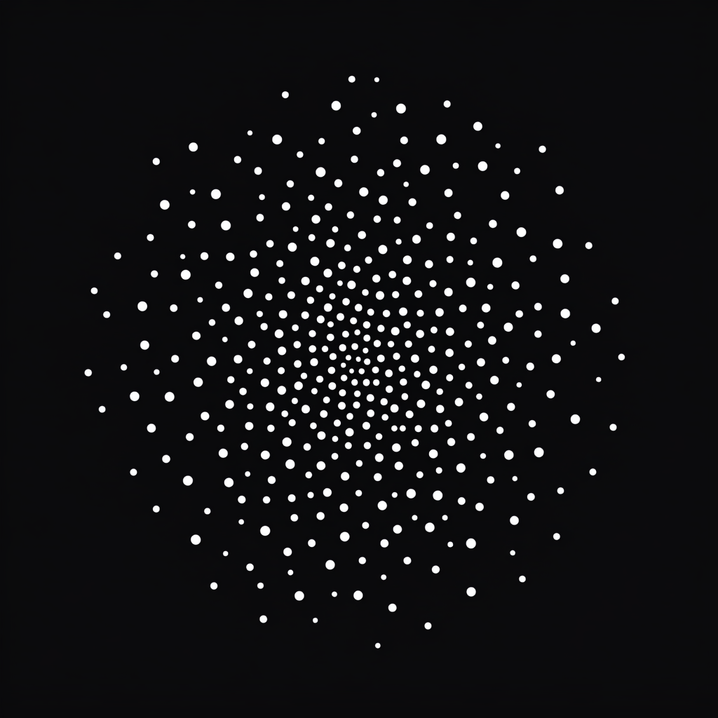 Various sizes of white dots on black background evenly spaced.