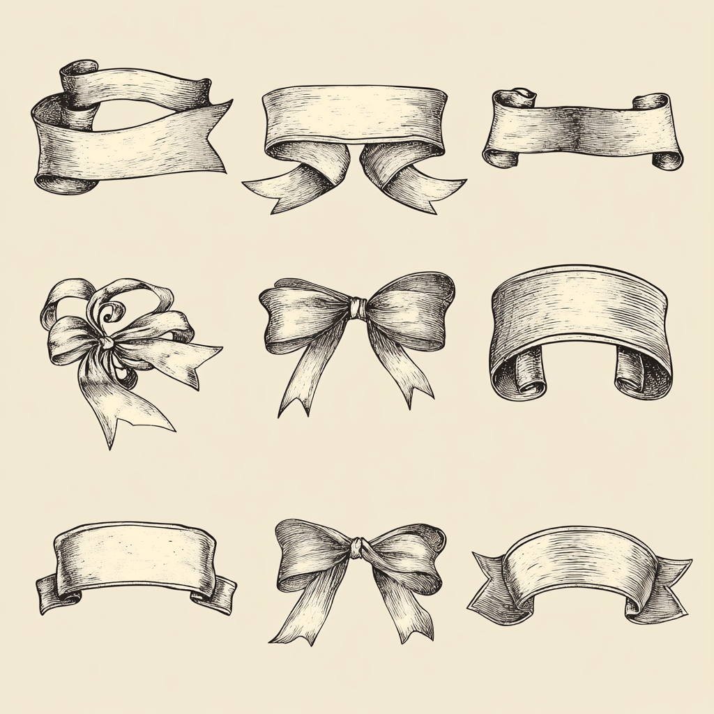 Various vintage ribbon banners drawn on aged paper.