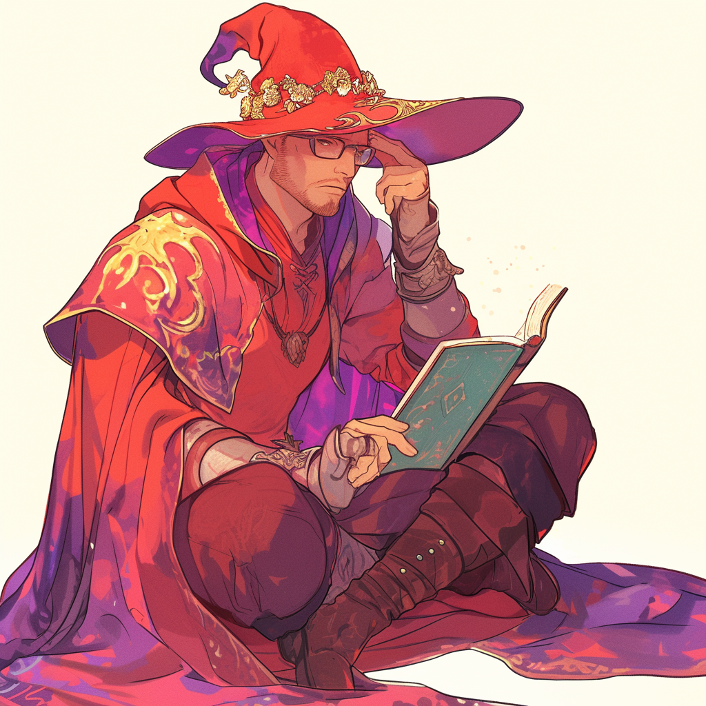 Varric Tethras wears wizard hat, contemplates tome