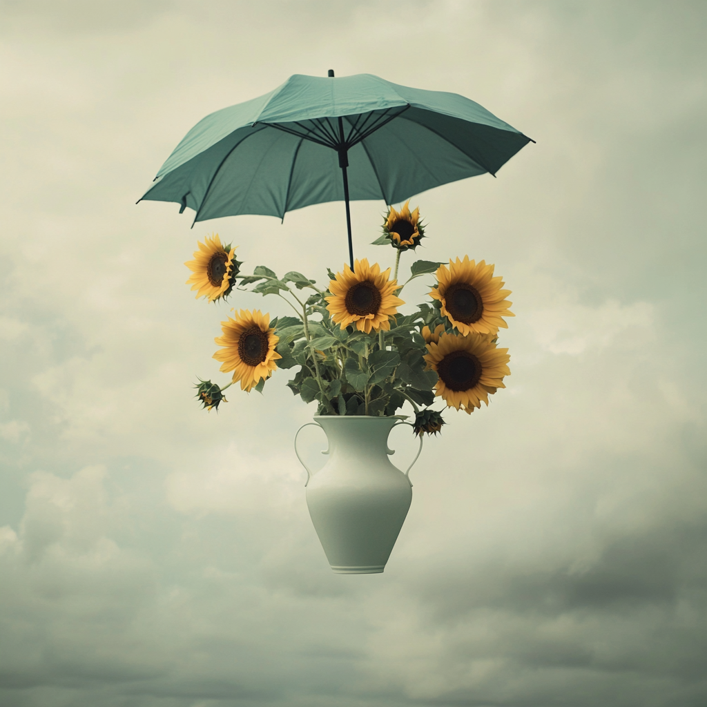 Vase with sunflowers and teal umbrella flying in sky.