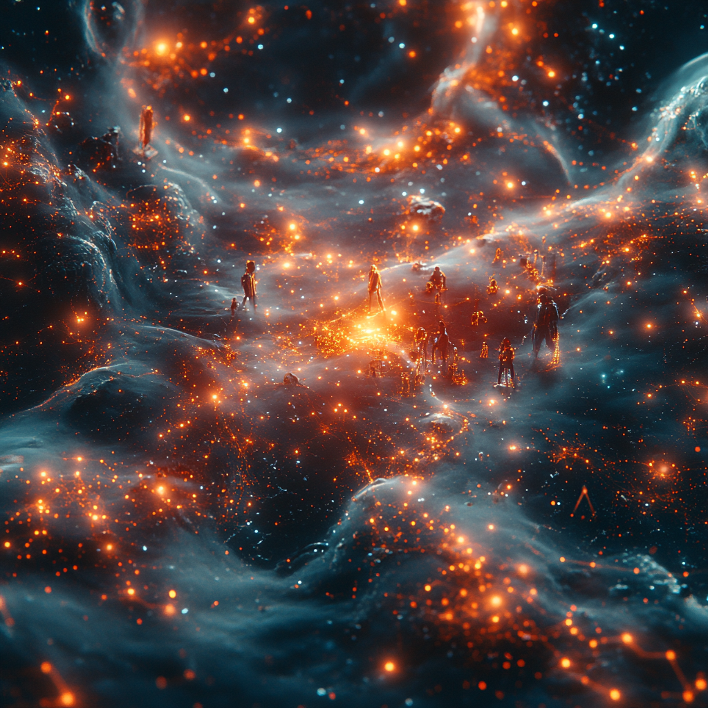 Vast, glowing neural network in space, connecting social insights.