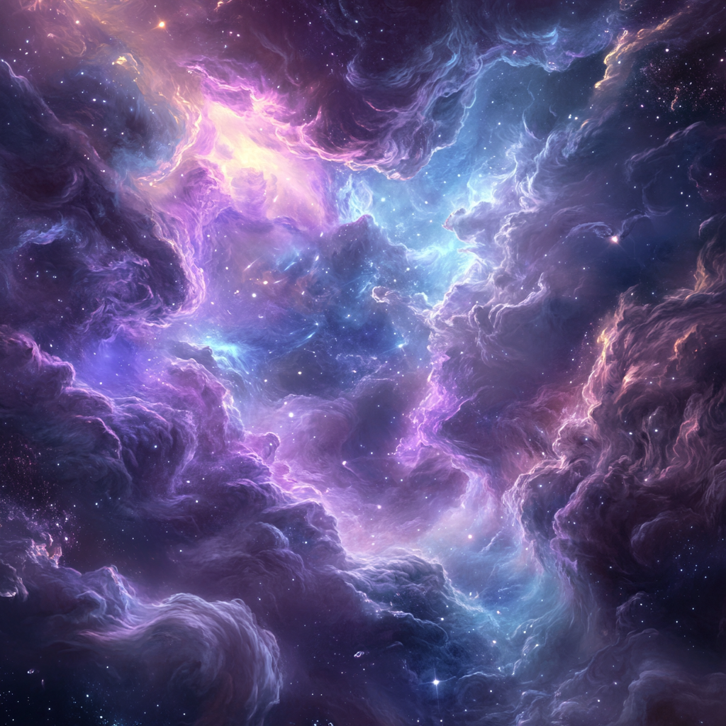 Vast, swirling cosmic clouds in vibrant shades, glowing stars.