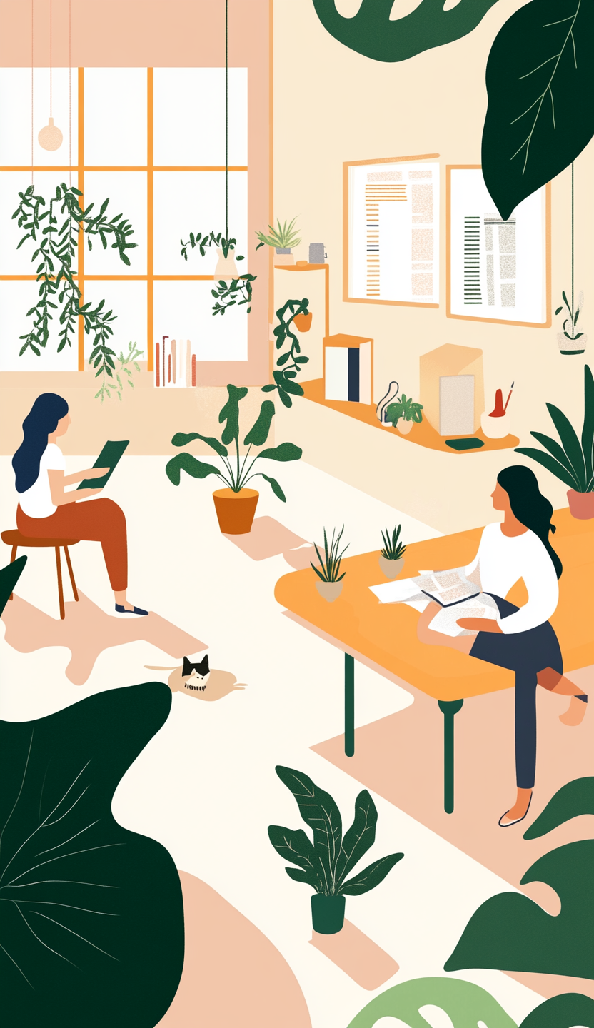 Vector Illustration: Energetic Newspaper Office with Women, Plants, and Cat