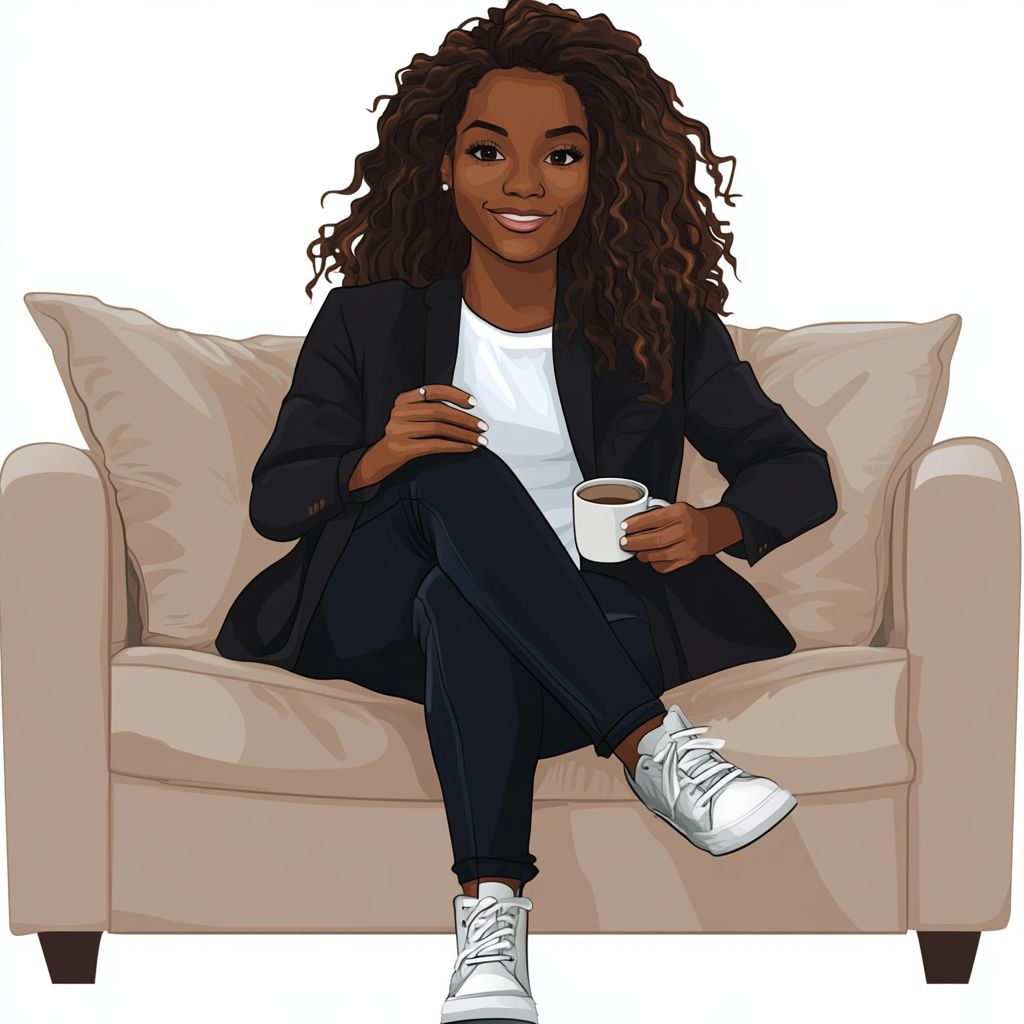 Vector art of black female politician sitting on couch.